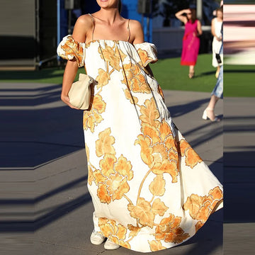 MQTIME  -  Women Elegant Patterns Print Loose Party Dress Fashion Hight Waist Suspender Dress Sexy Off Shoulder Short Sleeve Vacation Dress